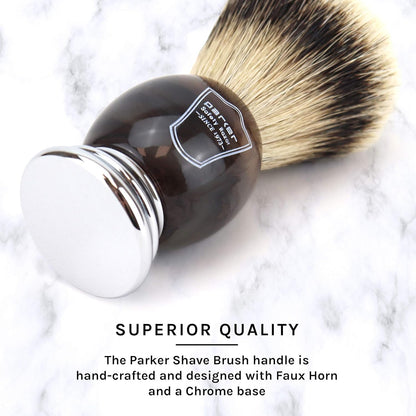 Parker Safety Razor 100% Silvertip Badger Bristle Faux Horn Handle Shaving Brush - Brush Stand Included