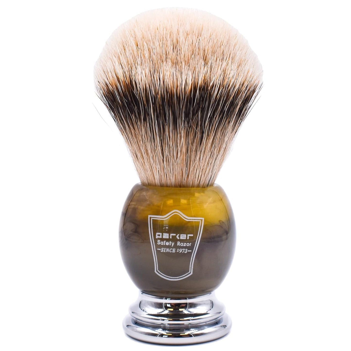 Parker Safety Razor 100% Silvertip Badger Bristle Faux Horn Handle Shaving Brush - Brush Stand Included