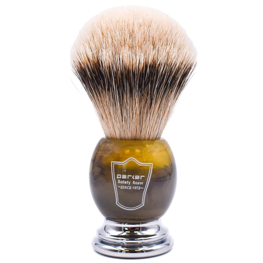 Parker Safety Razor 100% Silvertip Badger Bristle Faux Horn Handle Shaving Brush - Brush Stand Included