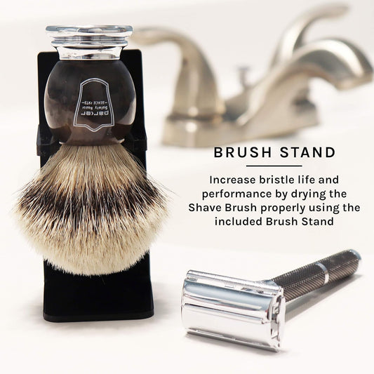 Parker Safety Razor 100% Silvertip Badger Bristle Faux Horn Handle Shaving Brush - Brush Stand Included